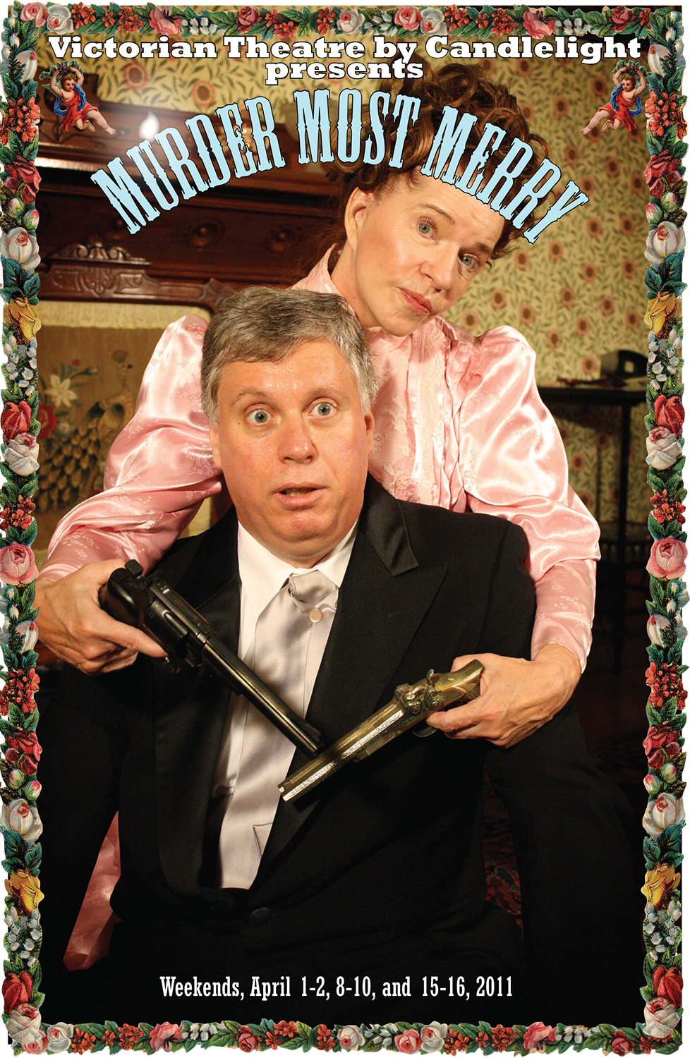Photographic image of a woman holding two guns. Her arms are wrapped around a man, who looks surprised. Text reads: Murder Most Merry.