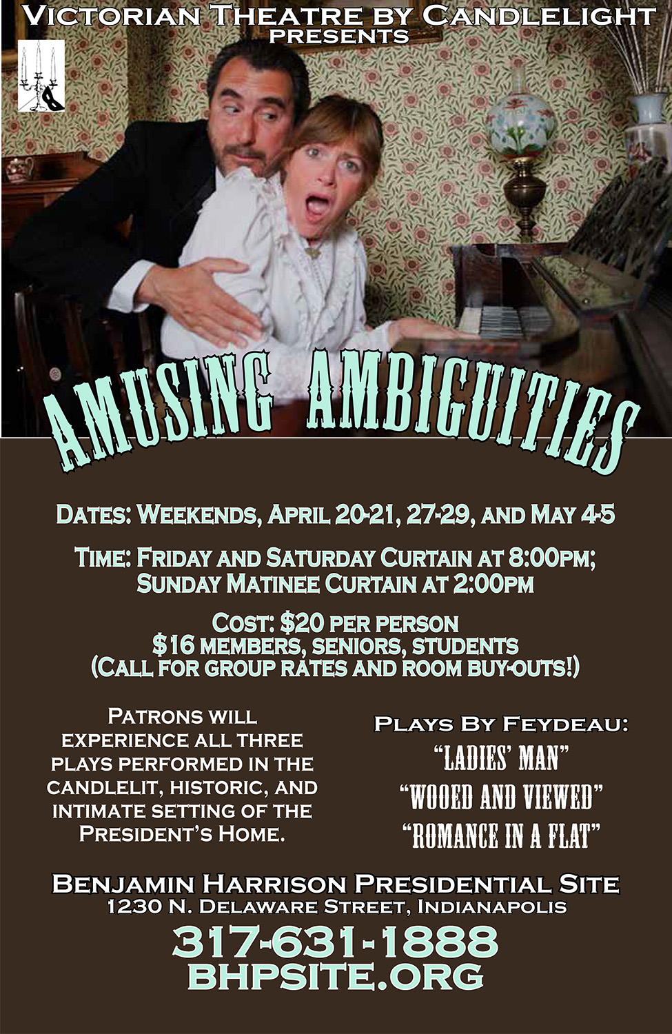 Photographic image of a man sneaking up behind a woman, her face shows surprise. Text reads: Amusing Ambiguities.