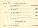 A trip itinerary for the President during his tour of the Pacific Coast; has specific departure and arrival times for the days between Tuesday, April 14th, 1891 to May 18th, 1891; also contains the distance between stations and population of those areas; the back cover contains a fold-out map of the United States with trip route; writing on the front cover is in gold with the US seal in gold at the top; all writing inside is in black ink except for the print of different dates which are in red ink; bound together by a piece of white twine; top, right-hand corner dirty; several dirt spots on back side. On front cover: 