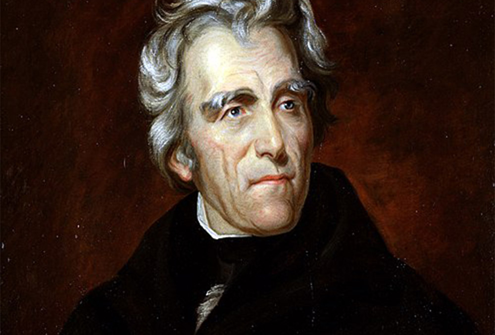 Painting of Andrew Jackson, regally looking up and out of frame to the right. Laid over a dark red background.