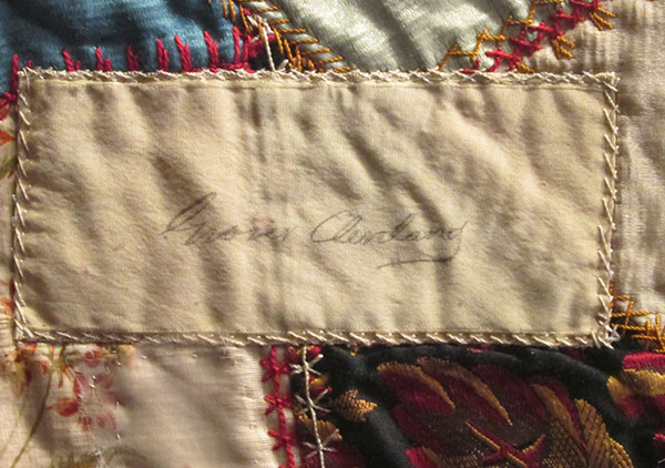Crazy quilt with velvet boarder, mostly silk fabric in the pattern. Signatures include, Rutherford B. Hayes, Mrs. James K. Polk, John Wanamaker, Julia D. Grant, W. T. Sherman / general, Benj. Butterworth / Ohio, Agnes Author McElroy, Grover Cleveland, Frances Cleveland, T. DeWitt Talmage, and John J. Ingalls.