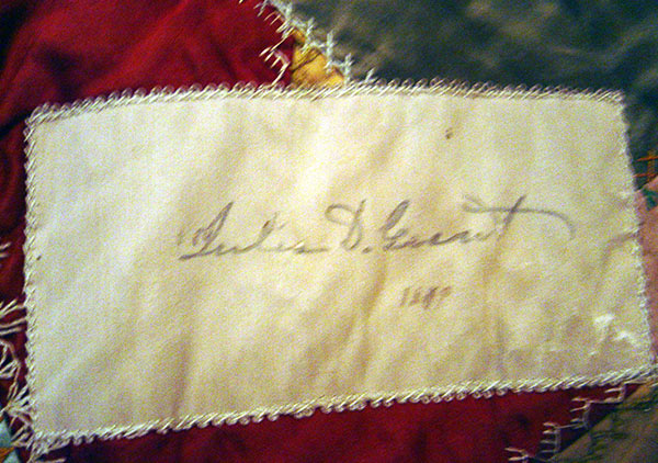 Crazy quilt with velvet boarder, mostly silk fabric in the pattern. Signatures include, Rutherford B. Hayes, Mrs. James K. Polk, John Wanamaker, Julia D. Grant, W. T. Sherman / general, Benj. Butterworth / Ohio, Agnes Author McElroy, Grover Cleveland, Frances Cleveland, T. DeWitt Talmage, and John J. Ingalls.