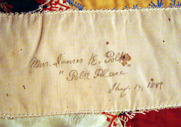 Crazy quilt with velvet boarder, mostly silk fabric in the pattern. Signatures include, Rutherford B. Hayes, Mrs. James K. Polk, John Wanamaker, Julia D. Grant, W. T. Sherman / general, Benj. Butterworth / Ohio, Agnes Author McElroy, Grover Cleveland, Frances Cleveland, T. DeWitt Talmage, and John J. Ingalls.
