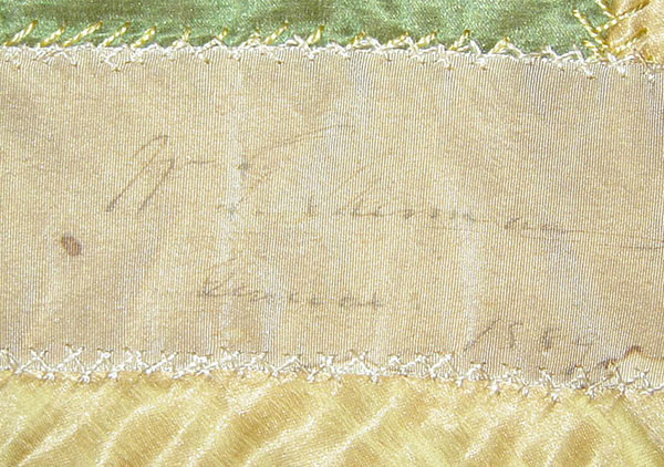 Crazy quilt with velvet boarder, mostly silk fabric in the pattern. Signatures include, Rutherford B. Hayes, Mrs. James K. Polk, John Wanamaker, Julia D. Grant, W. T. Sherman / general, Benj. Butterworth / Ohio, Agnes Author McElroy, Grover Cleveland, Frances Cleveland, T. DeWitt Talmage, and John J. Ingalls.