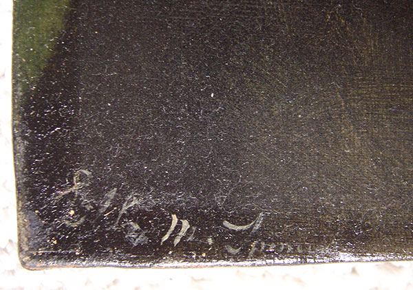 Oil on canvas by Lilly M. Spencer (Lilly Martin Spencer) of Caroline Scott Harrison in profile view. Spencer signature is in lower left (not visible when portrait is in frame). Many engravings and prints were made from this image of Caroline Harrison. She is wearing a dark dress with white lace trim at the high neck, gold earrings, and hair is pulled back in a bun. Background is green in varying dark to medium shades. Pat. date of 1885 on metal corner brackets of wooden stretcher.