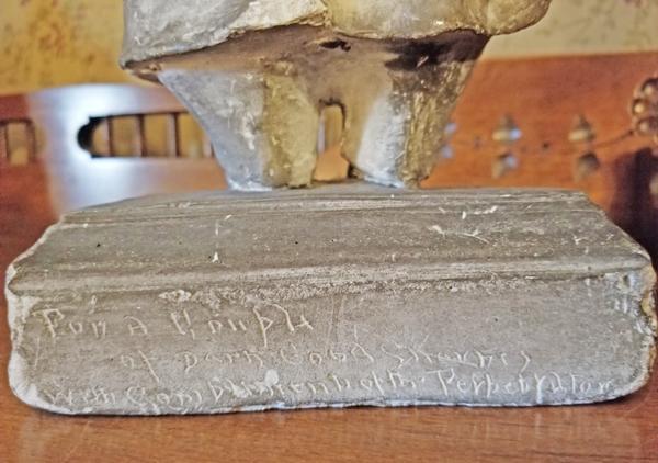 Plaster statue of Benjamin Harrison. Caricature of Benjamin Harrison made by Frank Allen Jr. circa 1895 - 1900. White plaster with a light gray paint coating. On back of base 