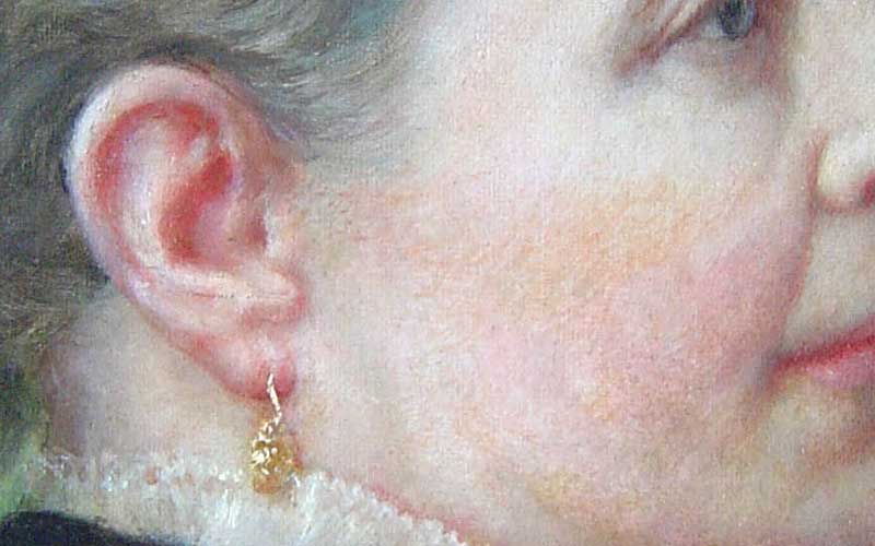 Oil on canvas by Lilly M. Spencer (Lilly Martin Spencer) of Caroline Scott Harrison in profile view. Spencer signature is in lower left (not visible when portrait is in frame). Many engravings and prints were made from this image of Caroline Harrison. She is wearing a dark dress with white lace trim at the high neck, gold earrings, and hair is pulled back in a bun. Background is green in varying dark to medium shades. Pat. date of 1885 on metal corner brackets of wooden stretcher.