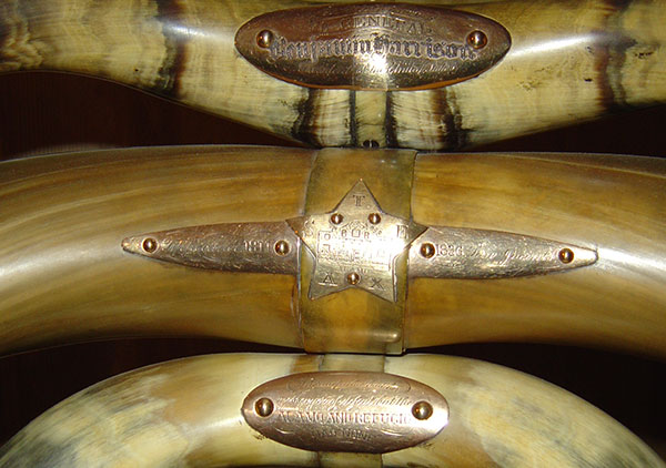 Several plaque on the back and arms of the chair convey the following: Top plaque: 