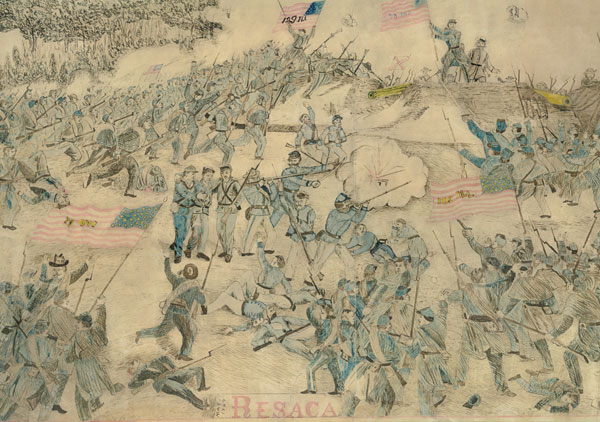 Framed pen and ink drawing of the Civil War battle of Resaca, GA., May 15, 1864, by G. H. Blakeslee ( 129th Illinois Company G ). Black ink and hand colored in red, blue, black, and yellow. Bottom center 