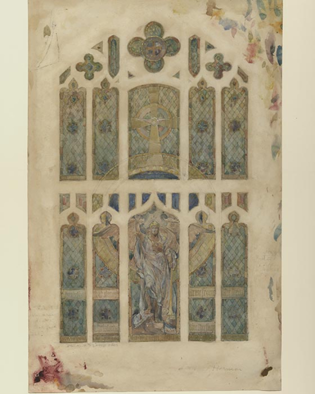 Watercolor Illustration of a window from the first presbyterian church. this window frame is split into 5 distinct sections vertically, and two sections horizontally, making a total of 10 large windows accompanied by smaller windows as accents. The window is mosly blue with yellow accents. Most of the frames are in a rectangular shape with a curved, gradually pointed top. There is a diamon pattern in the background, with imagery of a cross and a crowned angel in flowing white robes, standing with his arms at his sides, with one leg propped on a step.