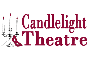 Image of the candlelight theatre logo. The logo depicts a lit candelabra with an opera style mask leaning against its base. Next the illustration is serif text that reads, candlelight theatre.